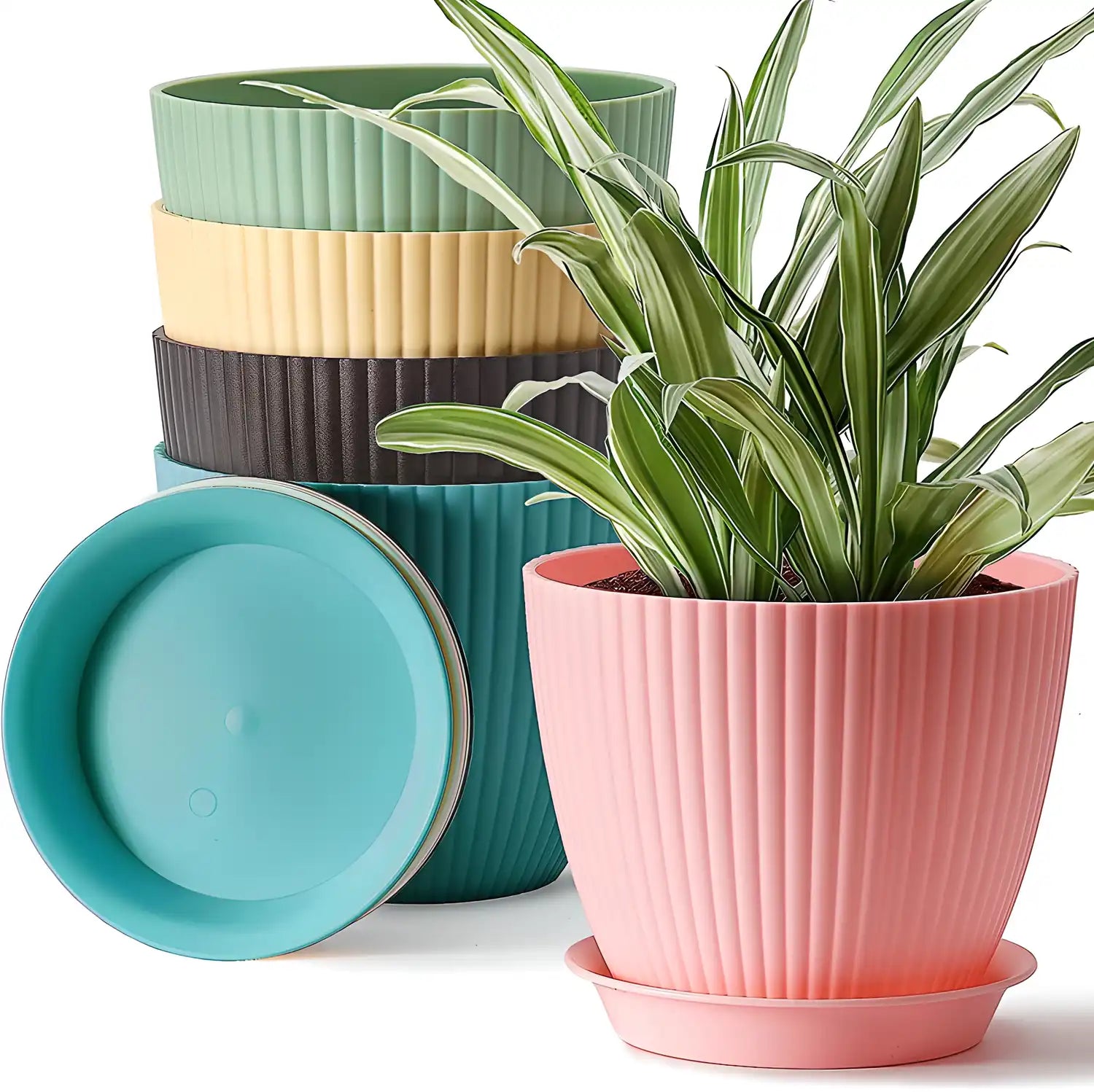Plastic Round Flower Pot Drainage Holes and Tray Indoor Outdoor Plant