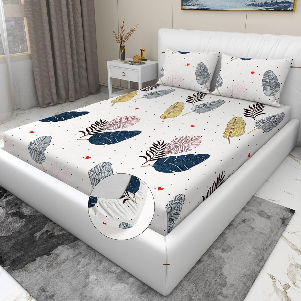 Premium Glace Cotton Elastic Fitted Double Bedsheet With Two Pillow Case