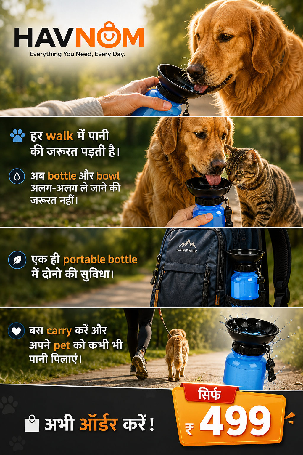 HAVNOM Portable Pet Water Bottle with Built-In Bowl | Leak-Proof Travel Sipper for Dogs & Cats