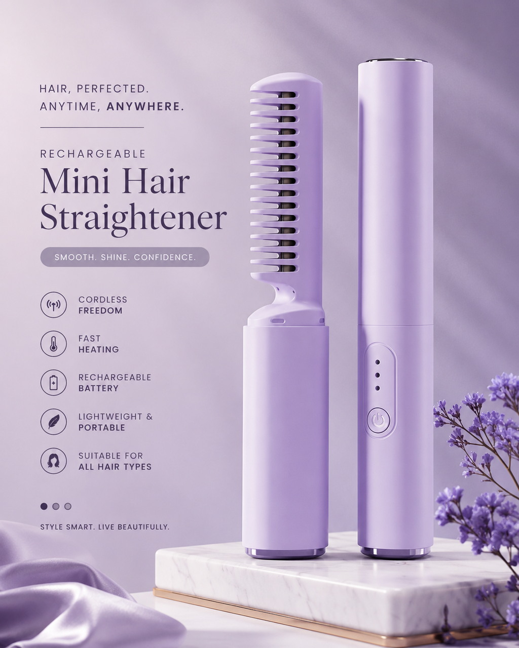Rechargeable Mini Hair Straightener | ⭐⭐⭐⭐ 4.9 (2,850+ Reviews) | Portable Cordless Ceramic Hair Straightening Comb for Travel, Fast Heating & Frizz-Free Styling
