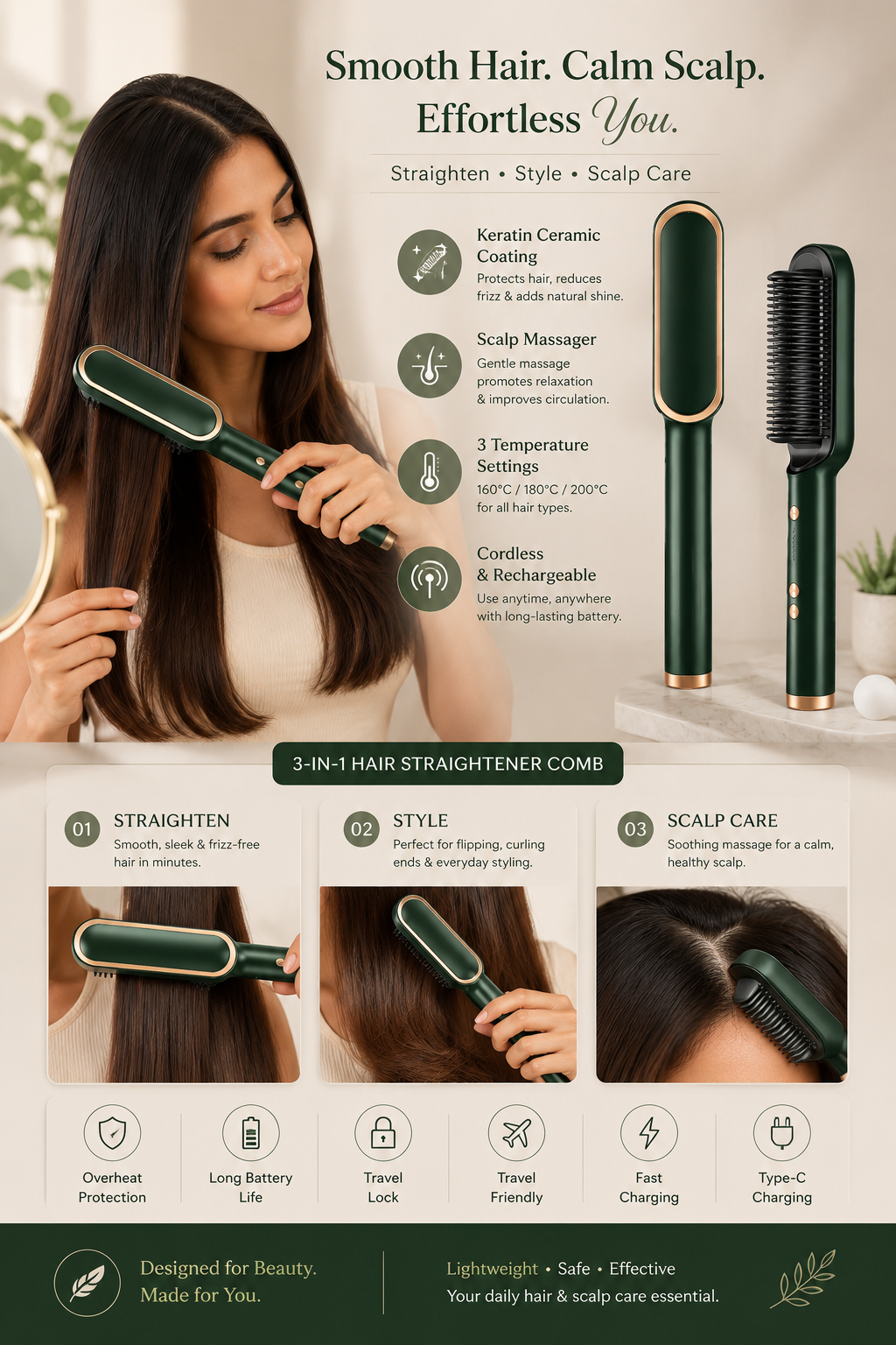 ⭐⭐⭐⭐⭐ 3-in-1 Hair Straightener Comb | Fast Ceramic Heating | Straighten, Curl & Volumize | Anti-Frizz Styling Brush for All Hair Types  ⭐ 4.8 (12,487 Ratings) | 2K+ Bought in the Past Month