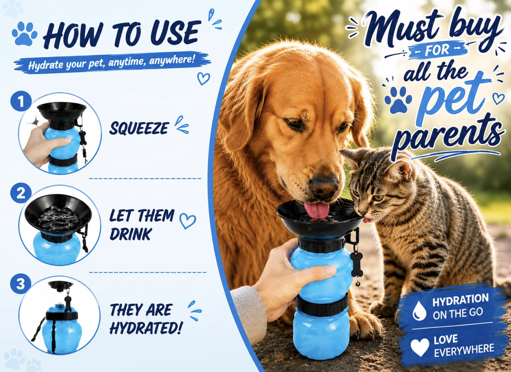 HAVNOM Portable Pet Water Bottle with Built-In Bowl | Leak-Proof Travel Sipper for Dogs & Cats