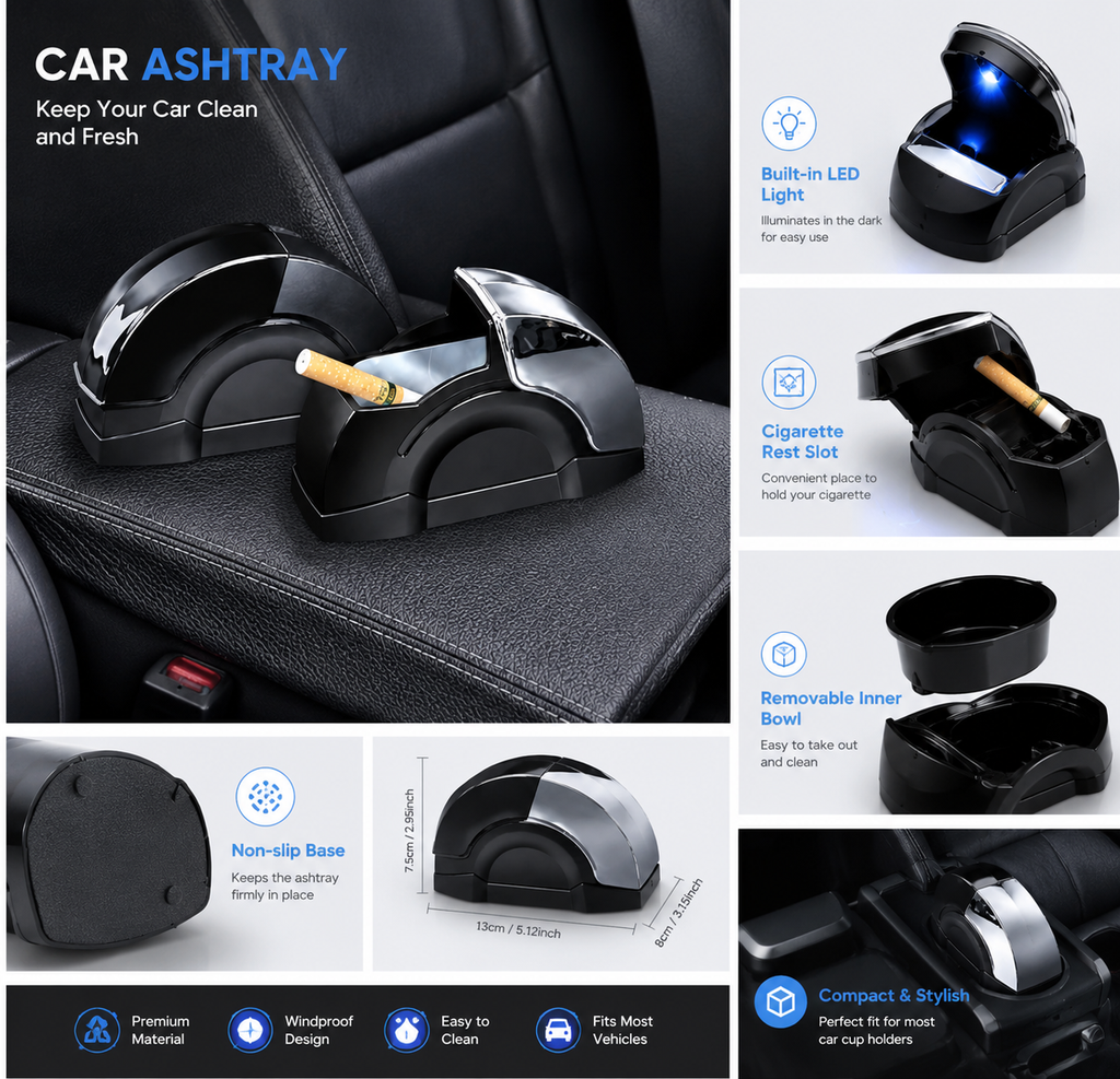 Ashtray for Smoking – Windproof Portable Car Ash Tray with Lid | Adhesive Mountable | Smoke Control Automotive Ashtray for Car, Office, Gaming Room | Car Accessories (Pack of 1)