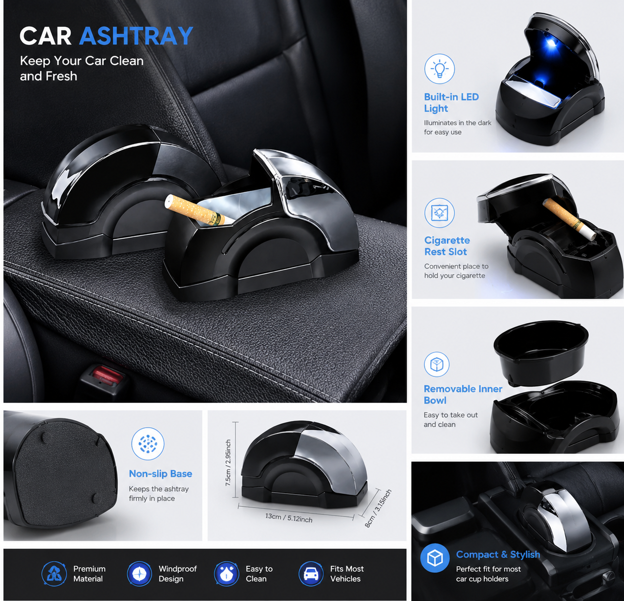 Ashtray for Smoking – Windproof Portable Car Ash Tray with Lid | Adhesive Mountable | Smoke Control Automotive Ashtray for Car, Office, Gaming Room | Car Accessories (Pack of 1)